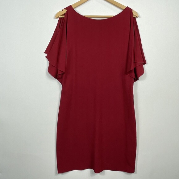 THEORY Red Andzelika Split Shoulder Crepe Sheath Dress Womens 8 NEW NWT‎ - Picture 1 of 6